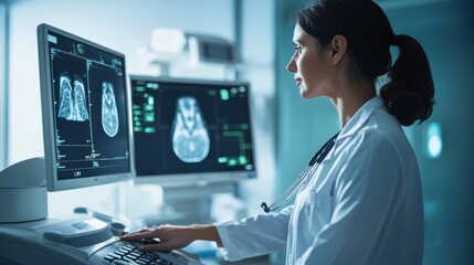 A medical professional using an advanced mammography machine in a bright clinical environment with digital imaging screens in the background showcasing cutting-edge technology in breast cancer