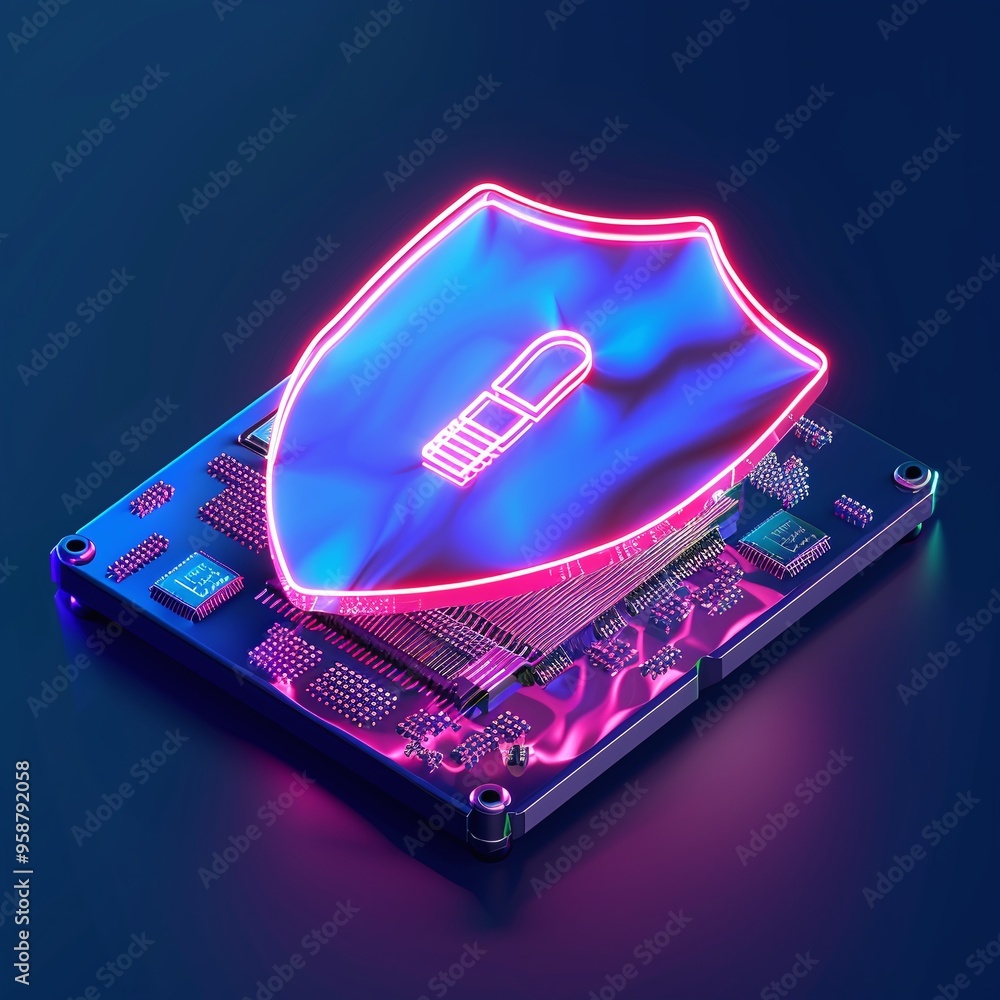Poster cybersecurity concept: a neon shield icon over a microprocessor, representing data protection and di