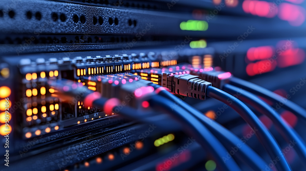 Aufkleber telecommunication ethernet cables connected to internet. server room with vibrant neon data streams,