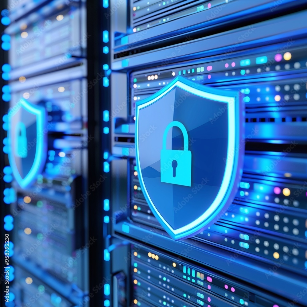 Poster cybersecurity concept with a secured server room, highlighting data protection with a shield and loc