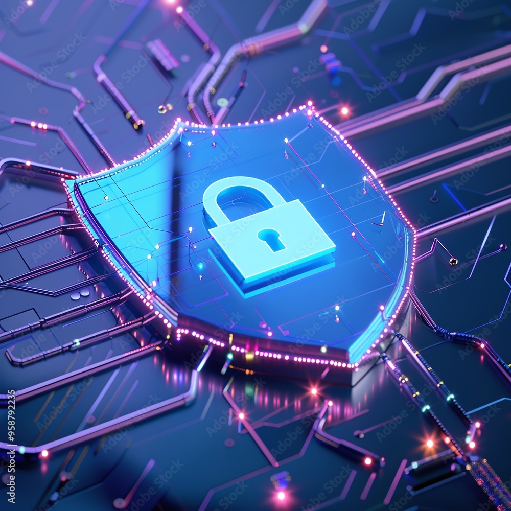 Poster cybersecurity concept with a digital padlock on a circuit board, representing data protection and ne