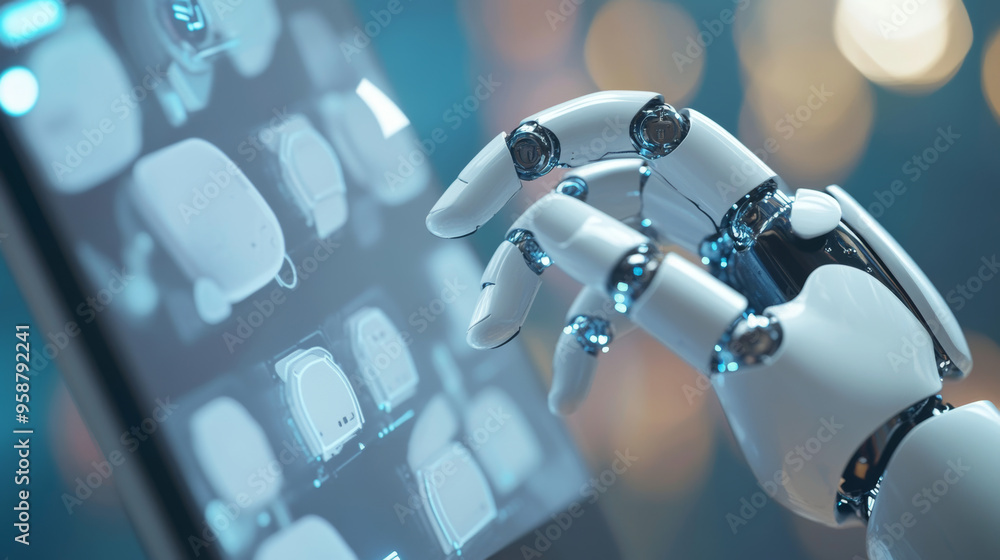 Poster an ai chatbot appears on a phone screen, looking like a robotic hand tapping on it. this ai chatbot 