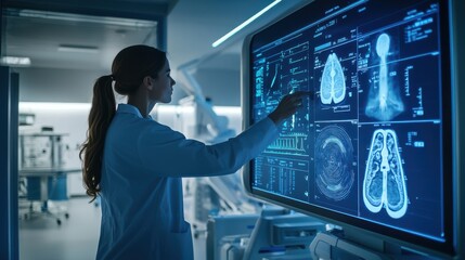 A medical professional adjusting the settings on a high-tech mammography machine in a modern clinic with digital screens and medical charts visible in the background showcasing advanced healthcare