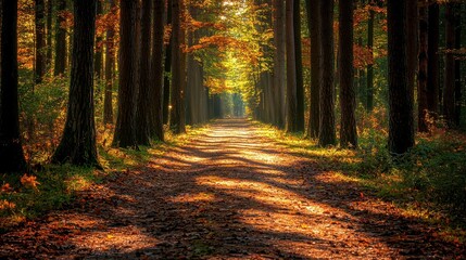 Fototapeta premium A serene landscape photo of a tranquil forest with tall trees casting long shadows on the ground covered with fallen leaves and a narrow winding path leading into the distance inviting a peaceful