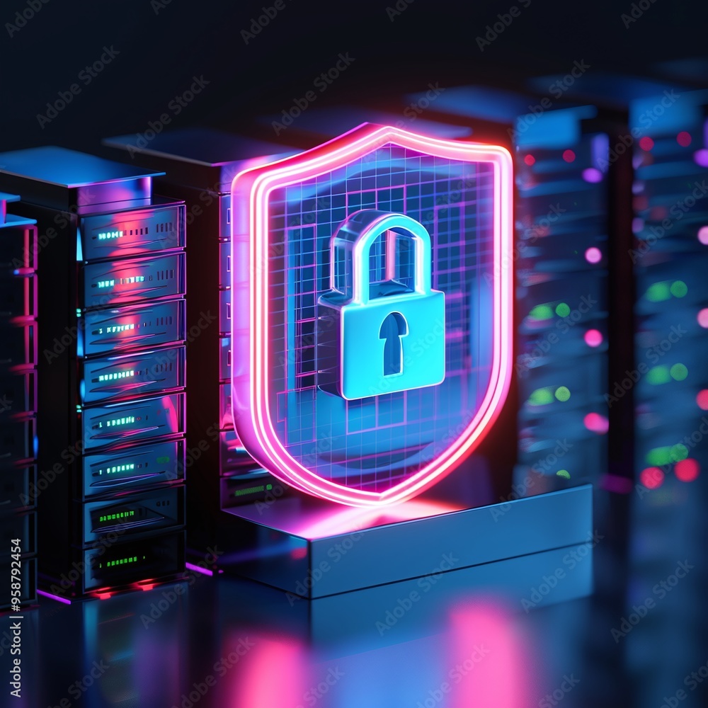 Poster cybersecurity concept with neon lock shield and server racks. data protection and online security in