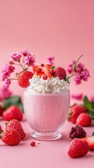 A glass of pink smoothie topped with whipped cream, strawberries, and pink flowers on a pink background.