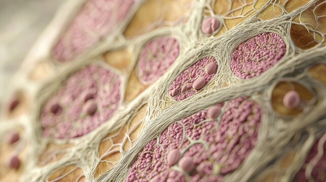 An intricate anatomical illustration of breast tissue layers including lobules ducts and lymph nodes rendered in realistic detail on a plain background for educational and medical reference
