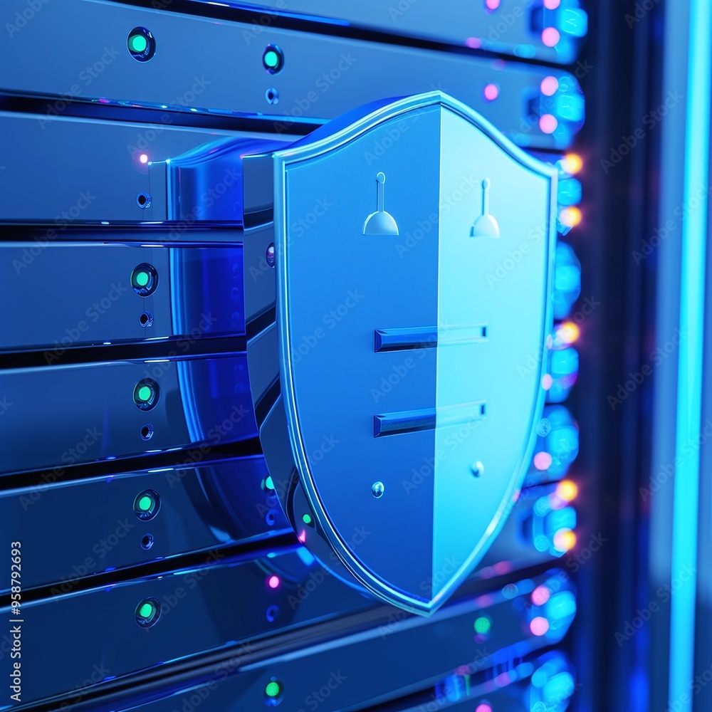 Poster data center server with a protective shield, highlighting security and protection in the digital net