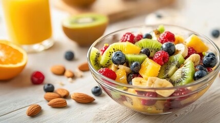 A healthy breakfast setup featuring a bowl of colorful fruit salad with berries bananas and kiwi slices surrounded by nuts and a glass of fresh orange juice on a light wooden table