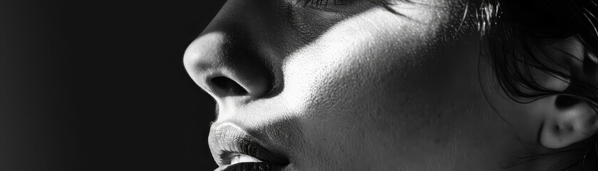 Fototapeta premium Dramatic close-up black and white portrait of a person in profile, highlighting emotional expression and lighting shadows.