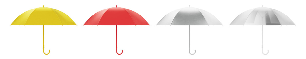 Four open umbrellas in a row against a black background, colored yellow, red, silver, and...