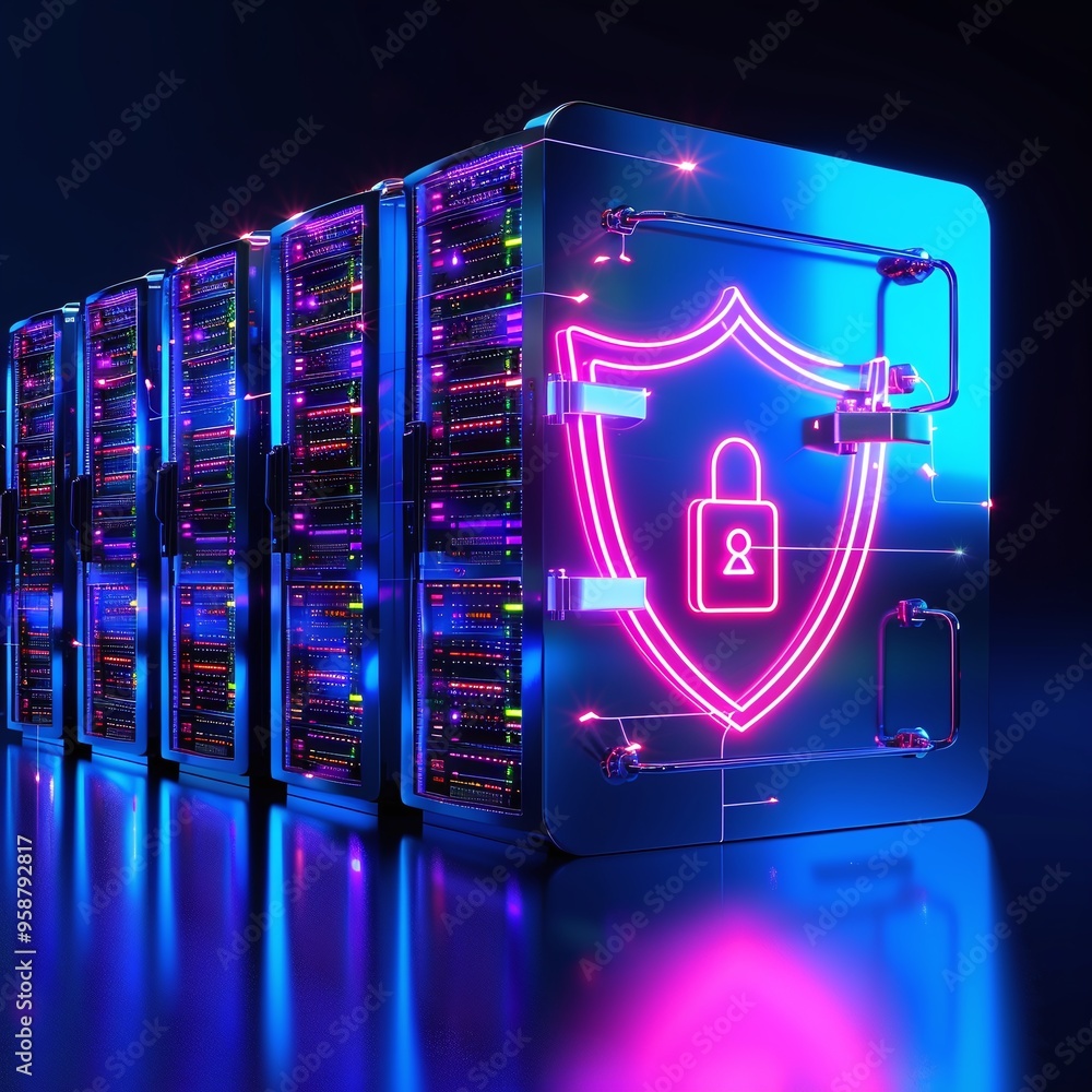 Poster data server room with glowing neon security shield, representing cybersecurity and data protection i