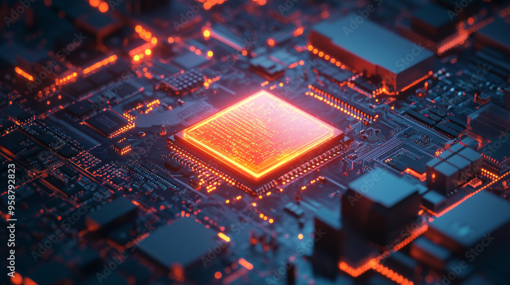 Poster an ai chip is embedded in a computer's motherboard. it represents the integration of artificial inte
