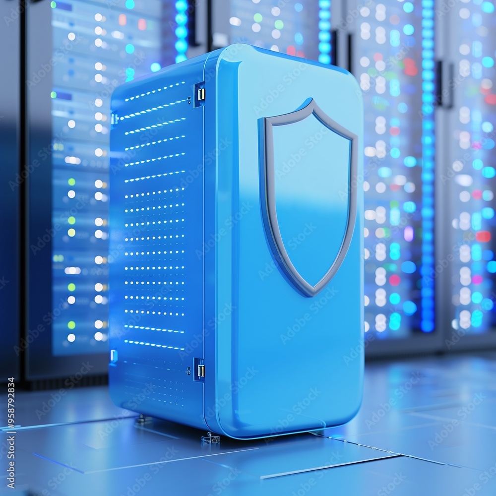 Poster data server with a blue shield for security in a modern data center. concept of data protection, cyb