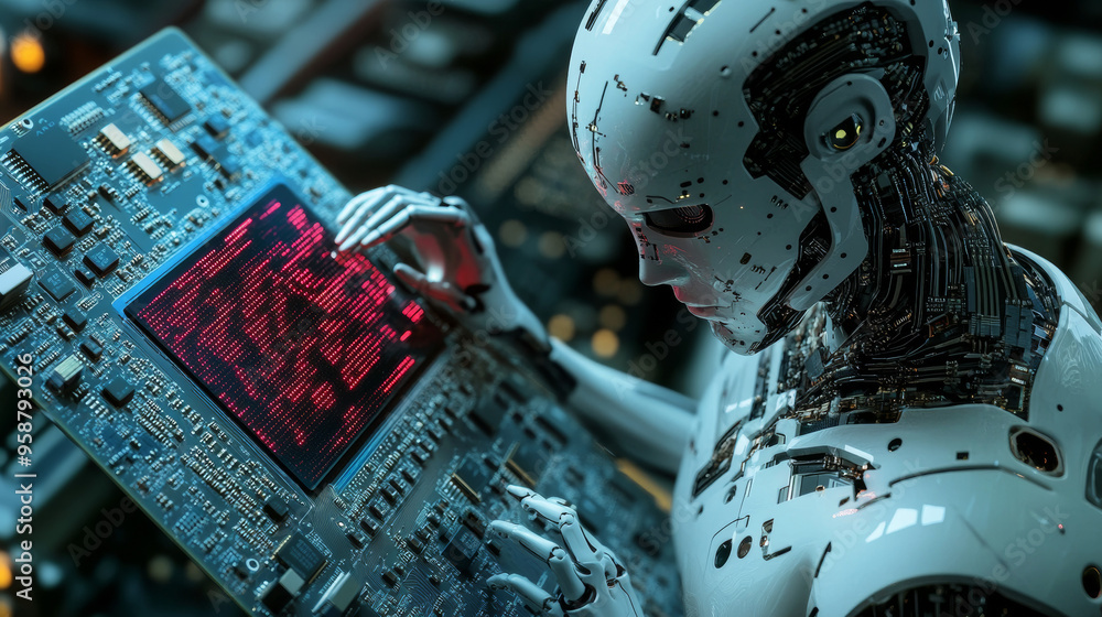 Poster an ai chip is embedded in a computer's motherboard. it represents the integration of artificial inte