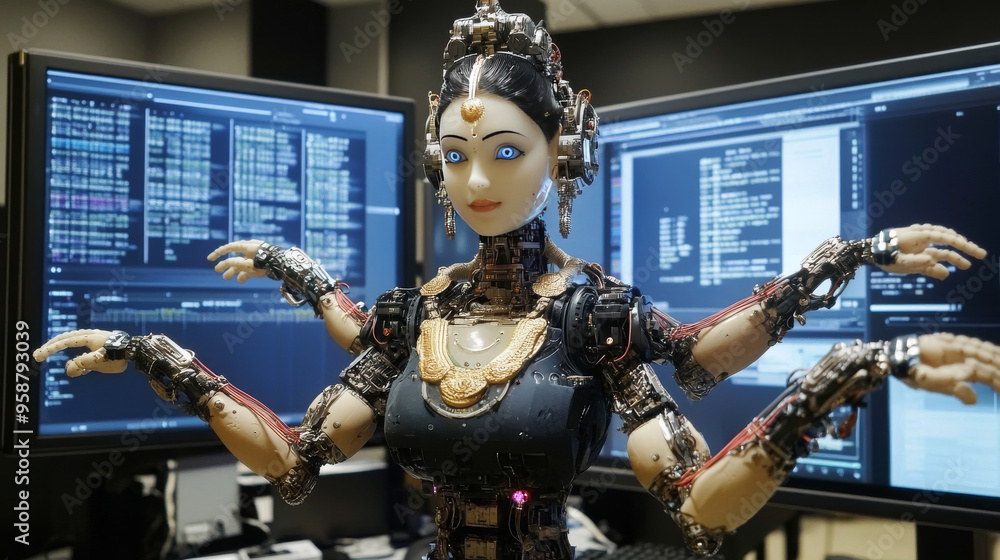 Poster a female robot, powered by artificial intelligence, interacts with a computer screen. she has four a