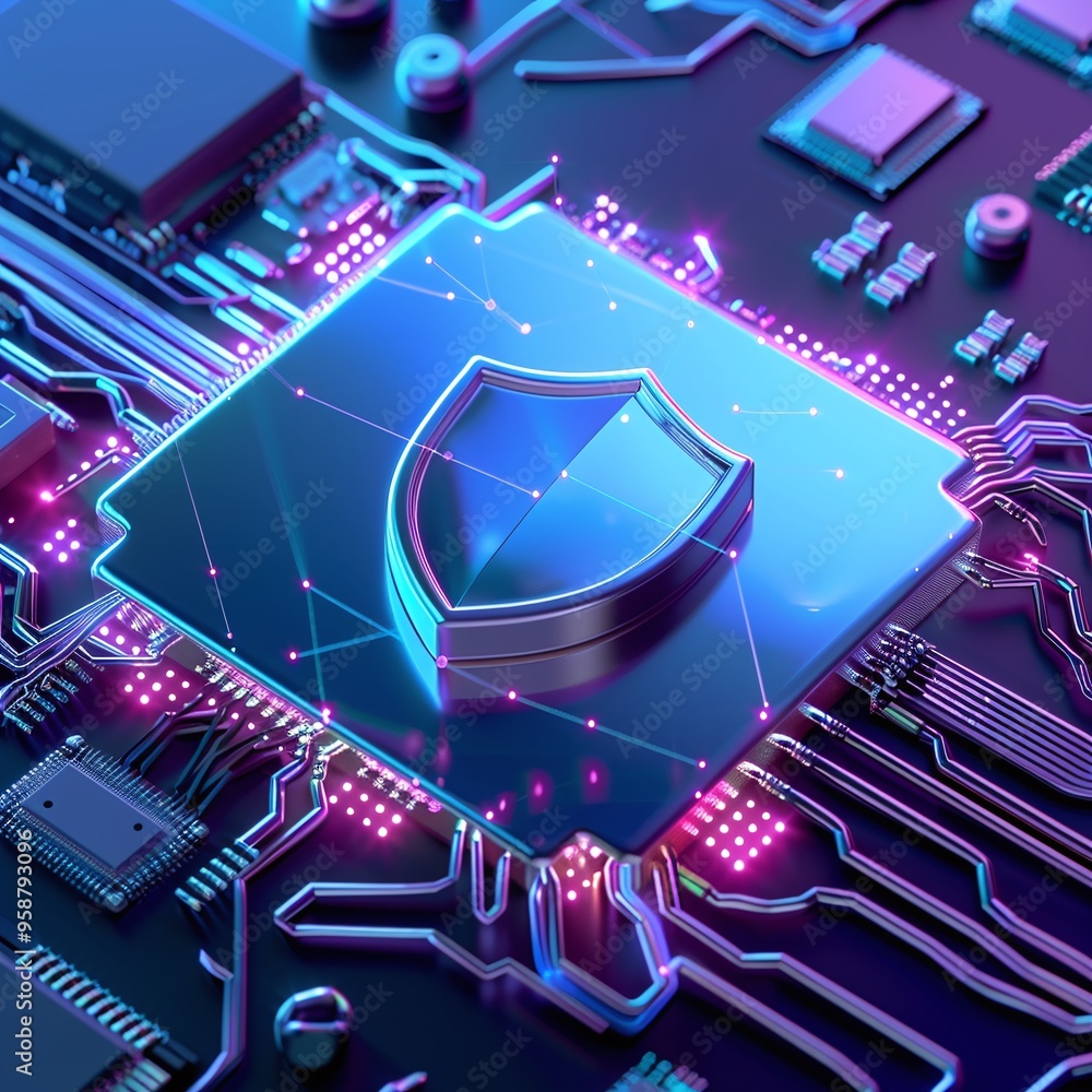 Poster digital cybersecurity concept with a protective shield symbol on a glowing computer chip, representi