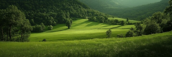 Obraz premium Vast sunlit green fields and thick woods under clear skies, creating a picturesque and refreshing natural landscape.