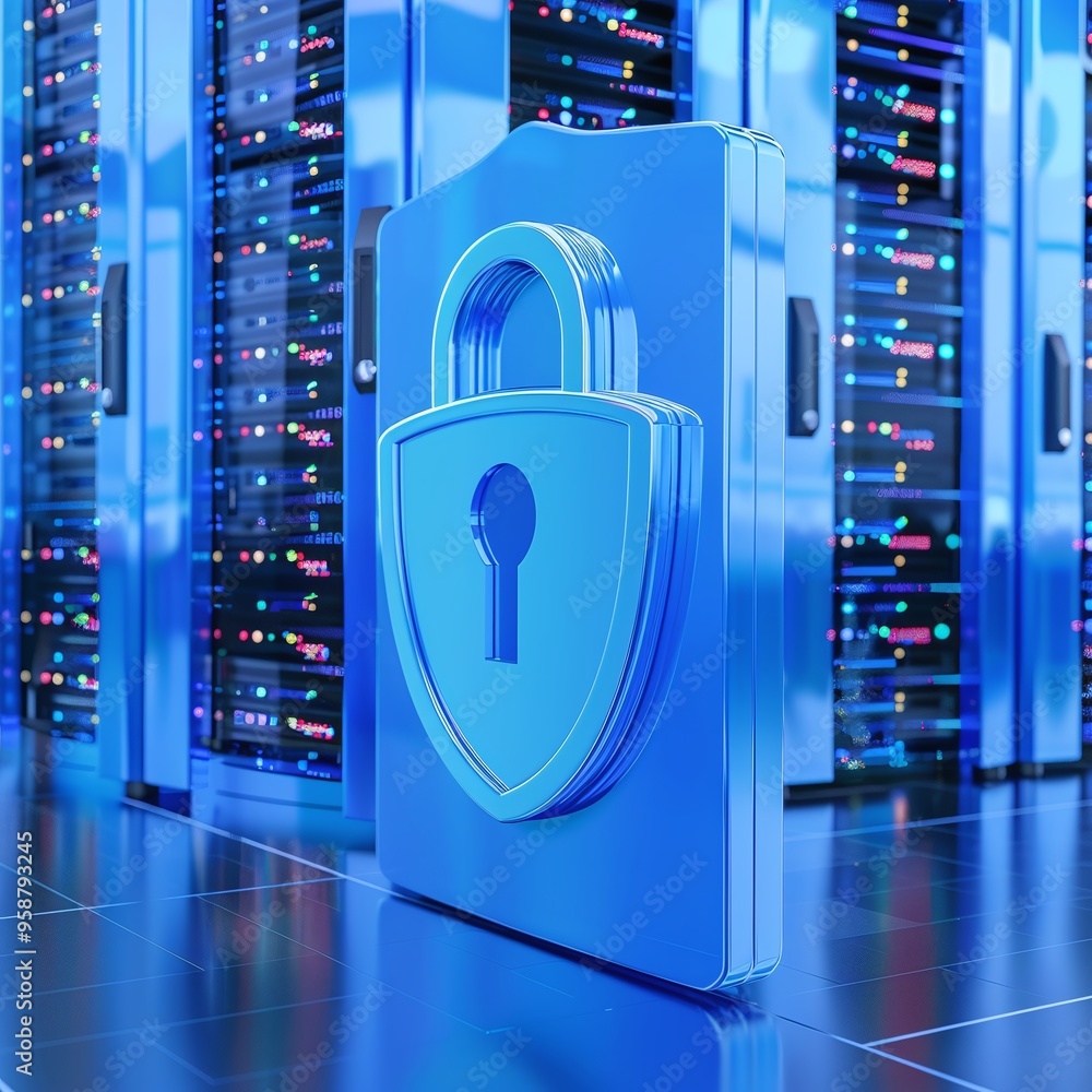 Poster digital data security concept with server room and padlock symbol representing information protectio
