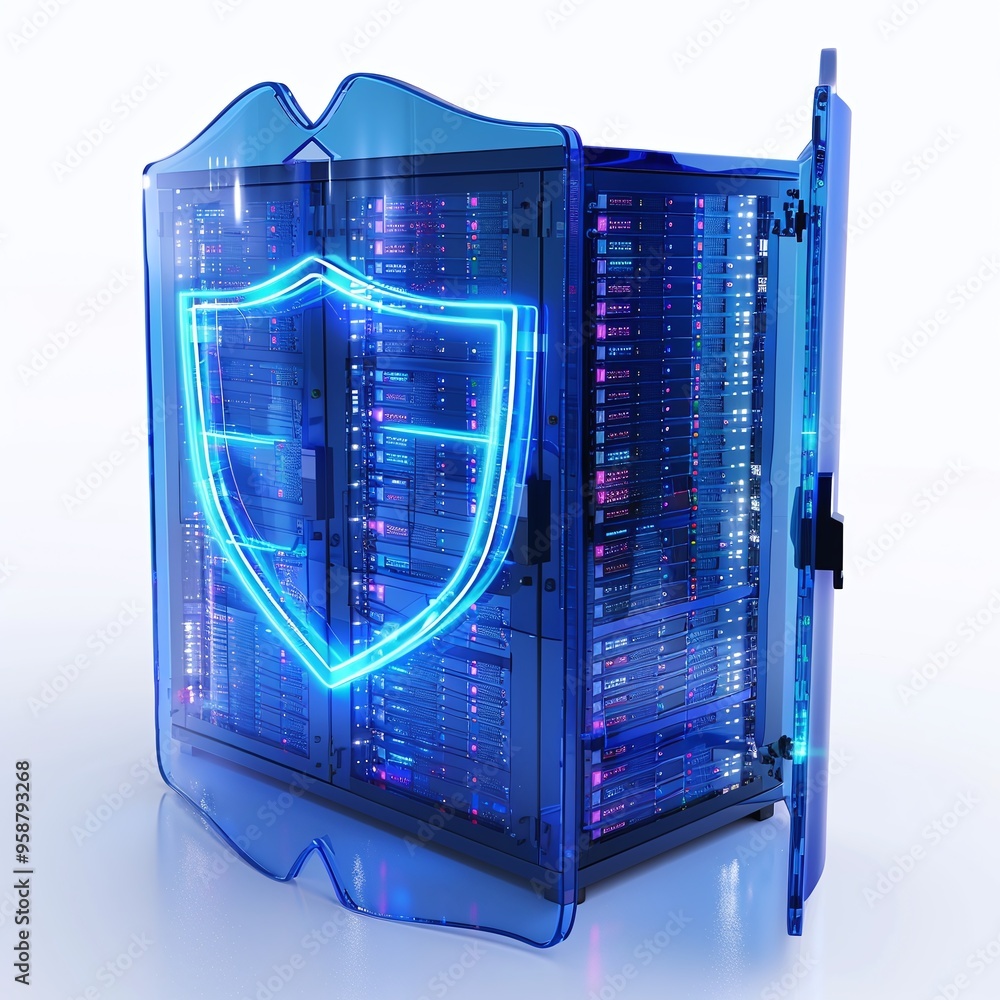 Poster digital data server with a glowing shield symbolizing cybersecurity, data protection, and it securit