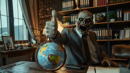 Zombie business leader giving a thumbs up in a luxury office with a globe and awards on the shelf portraying global success