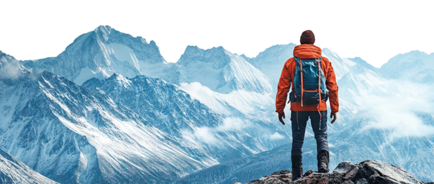 Mountain climber viewing snow-covered peaks, cut out