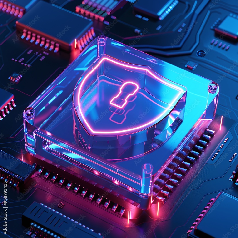 Poster digital illustration of cybersecurity concept with a shield icon on a circuit board, emphasizing dat