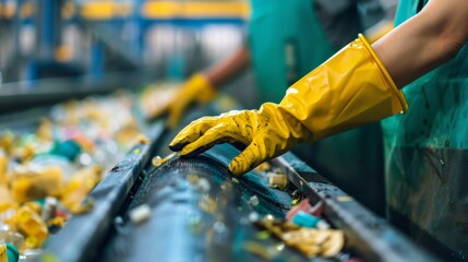 person with gloves separating waste or plastic in a recycling center