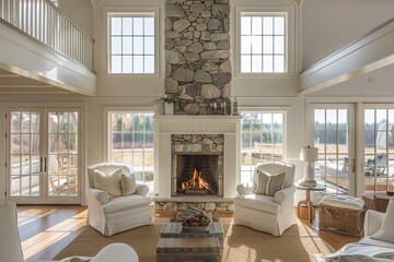 Tall stone fireplace in large New England farmhouse living room, with two white armchairs, natural light, and soft shadows, architectural digest photography.