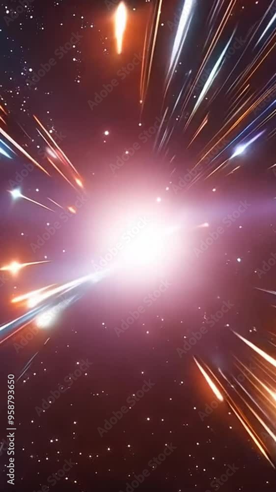Poster abstract image of glowing light streaks in a dark space.