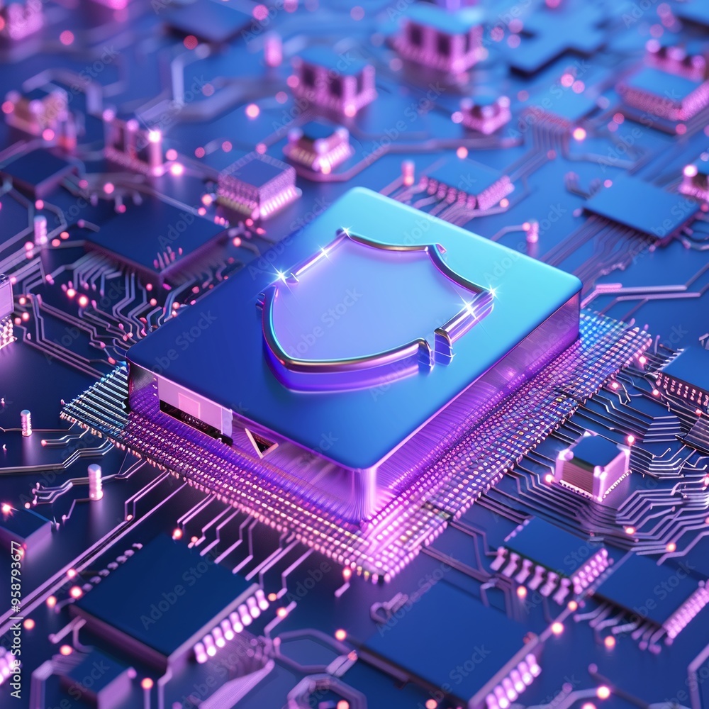 Poster digital rendering of a microchip with a shield symbol, representing cybersecurity and data protectio