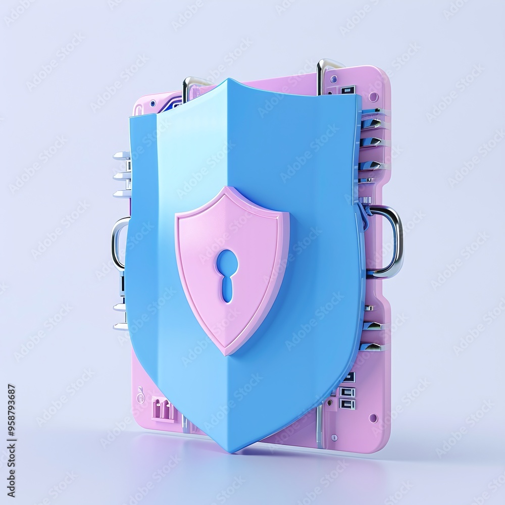 Poster digital security concept featuring a blue shield with a keyhole symbol on a circuit board background