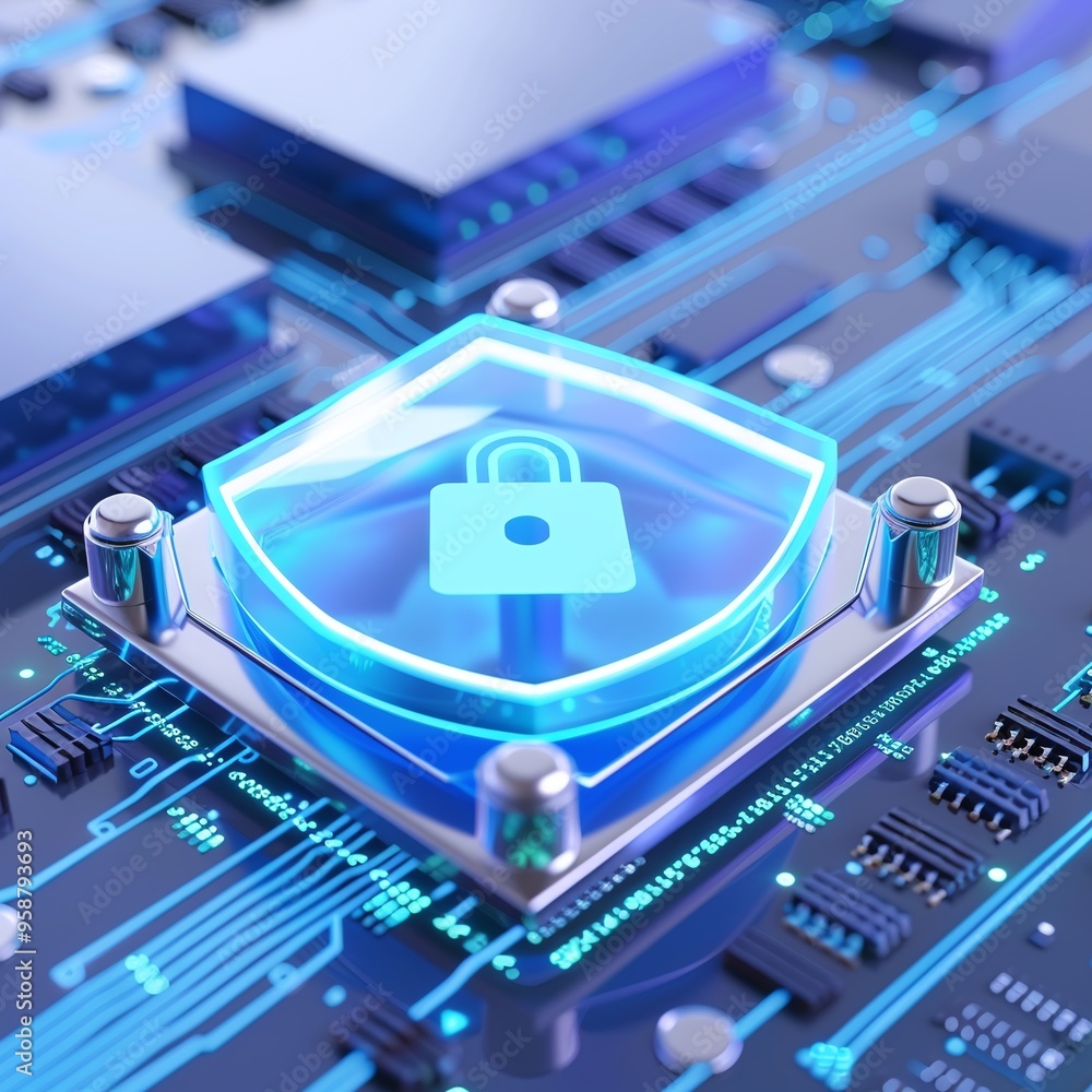 Poster digital security concept: glowing lock shield on a computer motherboard, representing cybersecurity 