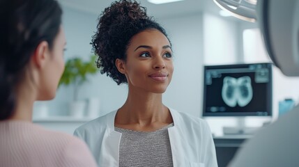 A healthcare professional explains a mammogram procedure to a patient in a modern clinic the patients expression a mix of concern and trust the room bright and welcoming