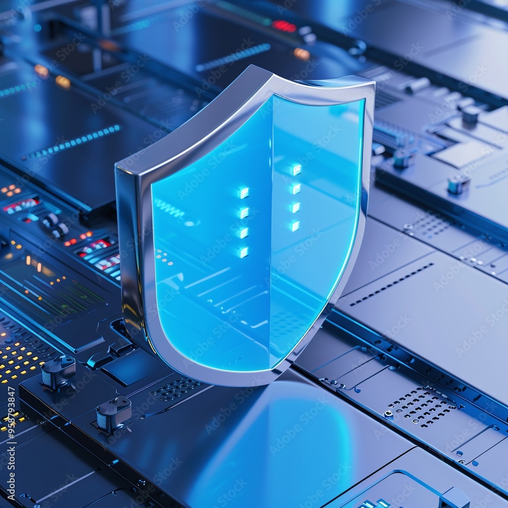 Poster digital security concept with a blue shield protecting data on a modern server, symbolizing cybersec