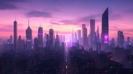 Obraz premium Vibrant city skyline at dusk showcasing illuminated skyscrapers and a colorful sunset view over a bustling urban landscape