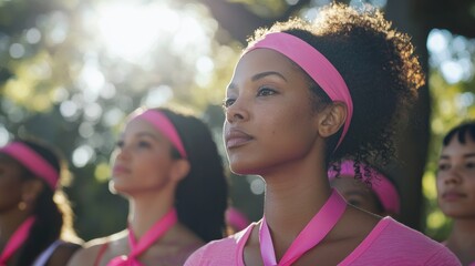 A diverse group of women wearing pink ribbons gather in a park for a breast cancer awareness rally their faces filled with determination and unity against a backdrop of trees and sunlight