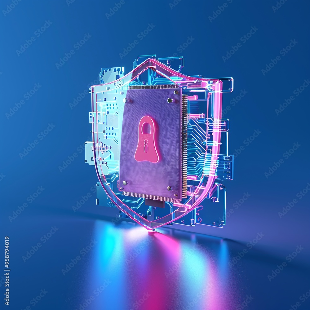Poster digital security concept with a neon shield and circuit board symbolizes advanced cybersecurity tech