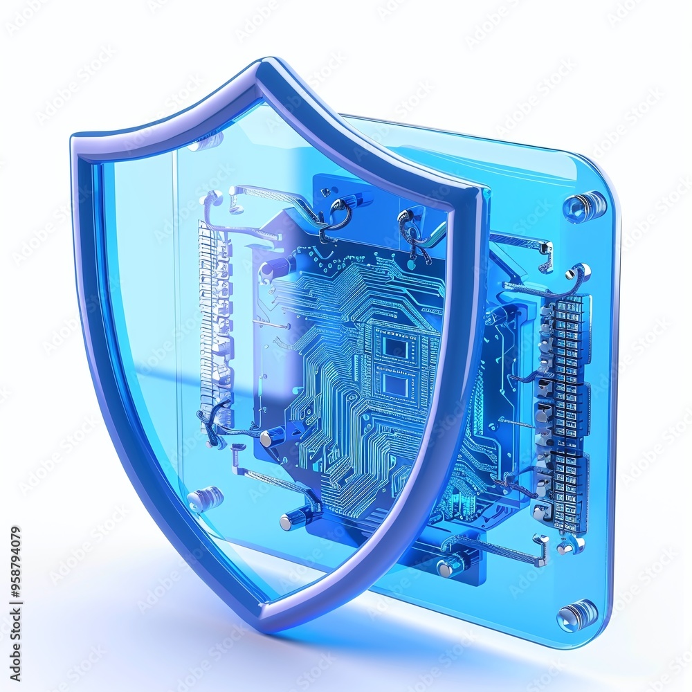 Poster digital security concept with a transparent shield protecting electronic circuits, representing cybe