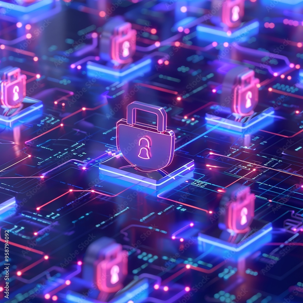 Poster digital security concept with glowing padlocks on a network circuit board, illustrating data protect