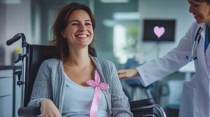 A woman sits in a wheelchair with a pink ribbon on her chest smiling as a doctor assists her through a clinic the atmosphere one of care and support in the journey against breast cancer