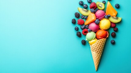 A colorful ice cream cone topped with fresh fruits on a vibrant background.