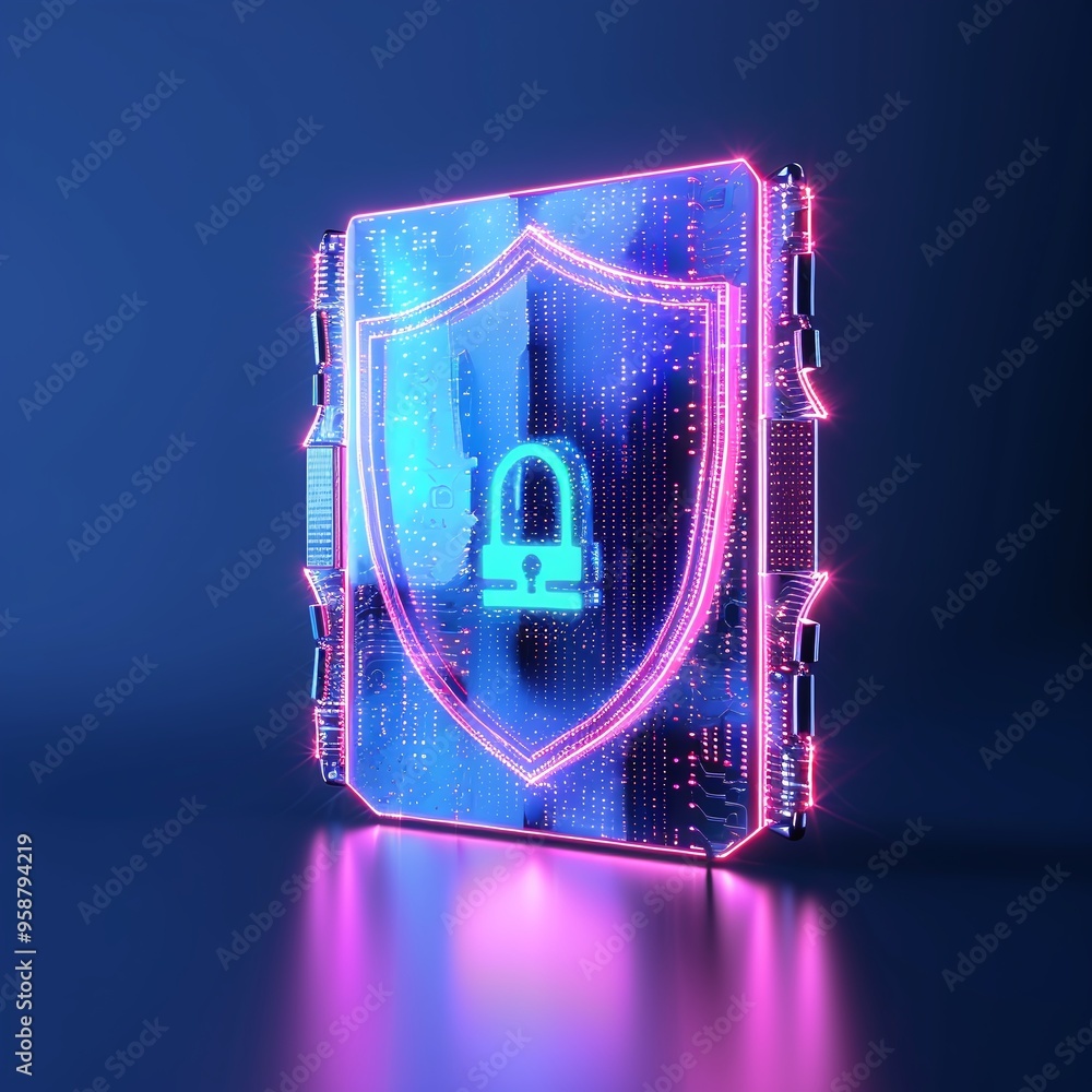 Poster digital security concept with neon light shield and lock symbolizing data protection and cybersecuri