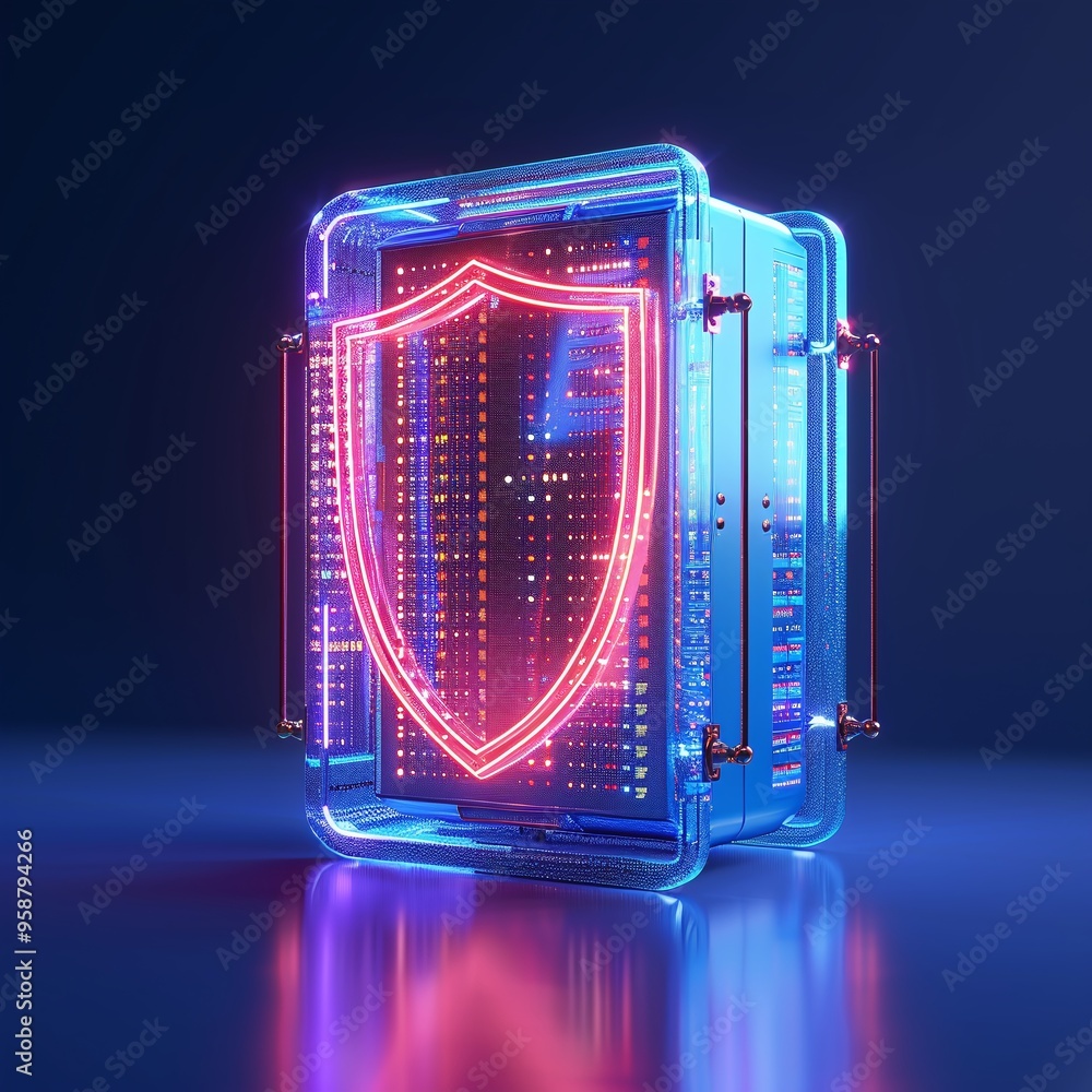 Poster digital security concept with neon shield protecting a server in a blue and red color scheme, symbol