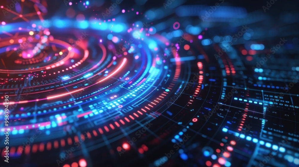 Poster futuristic abstract digital background with glowing data streams, blue and red light effects, tech c