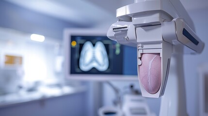 A close-up of a mammogram machine with a patient's breast positioned for screening the image capturing the precision and care involved in the process