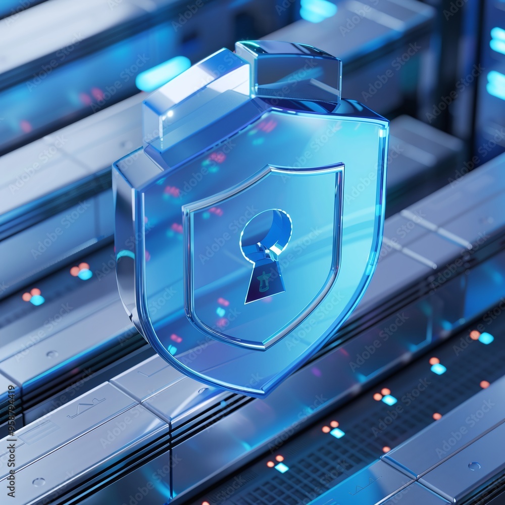 Poster digital security icon in a futuristic blue tech environment symbolizing data protection and online p