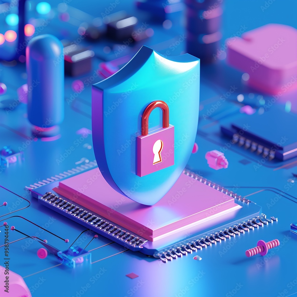Poster digital security icon on a circuit board representing data protection and cybersecurity in a blue an