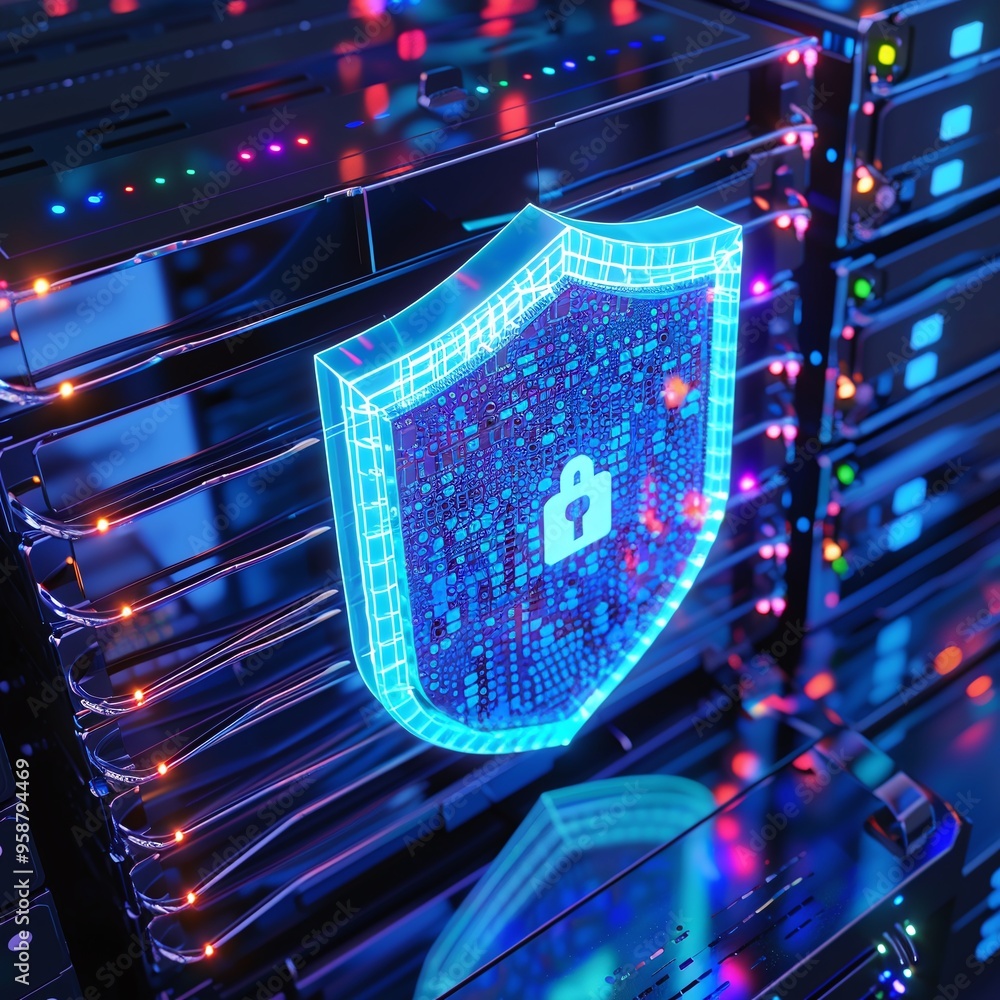 Poster digital security shield icon against a background of data servers with colorful lights, representing