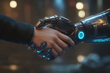 Human and AI Handshake Collaboration,  future technology, robot handshake, human and AI cooperation, AI partnership, futuristic handshake, technology cooperation